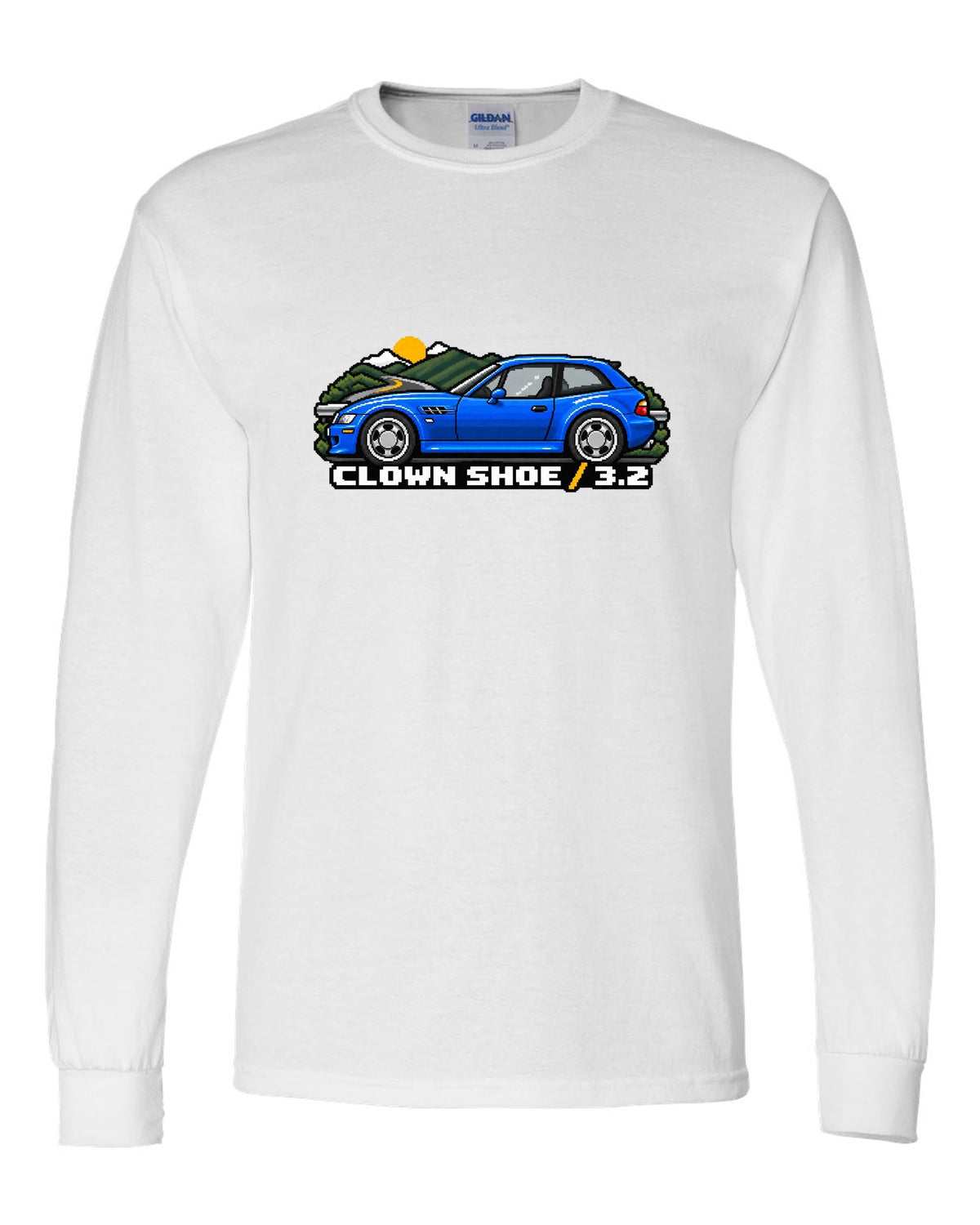 BMW Z4 M Coupe E86 coast road sunset watercolour print with S54 text white long sleeve front view with the design