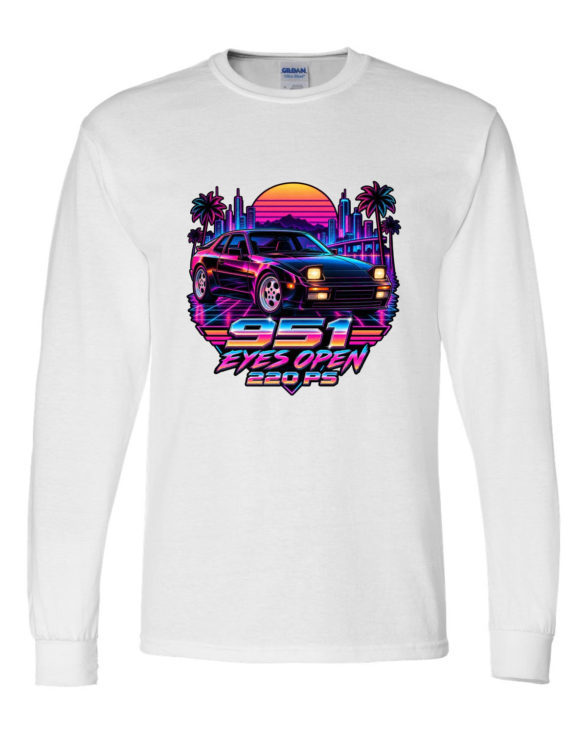 Synthwave neon Porsche 944 Turbo 951 with pop-up headlights open white long sleeve front view with the design