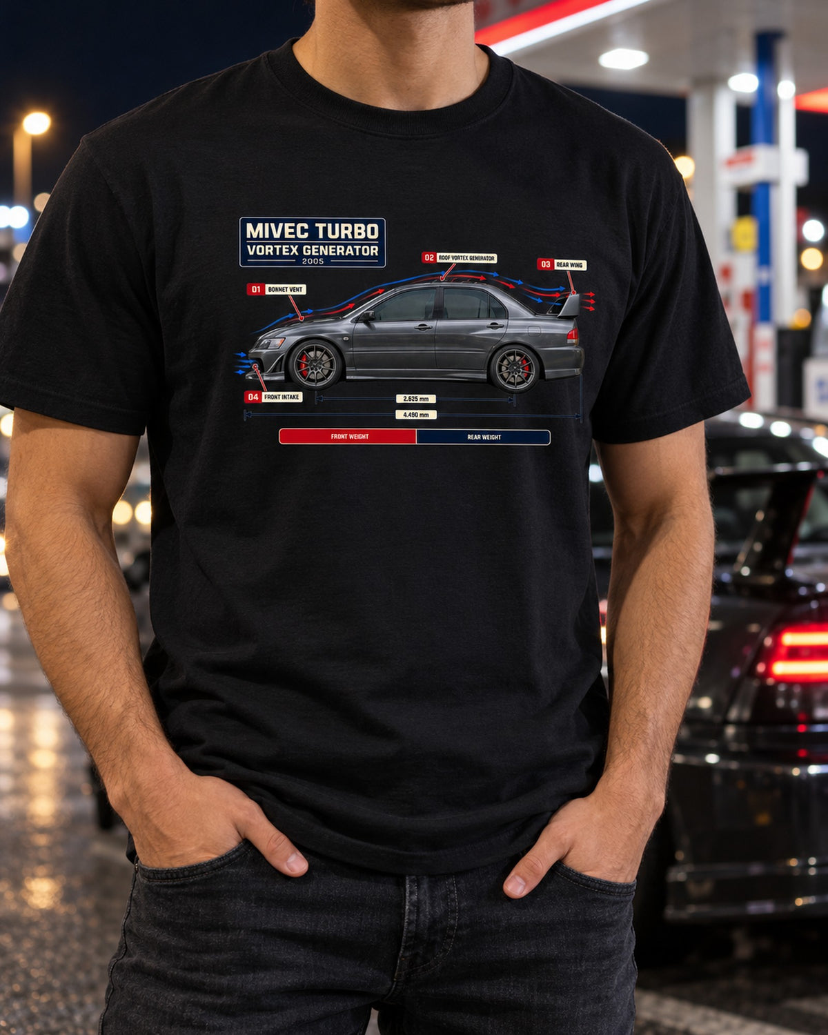 Lancer Evolution IX Aero Callout Diagram Tee, MIVEC Turbo T-Shirt Black worn hero