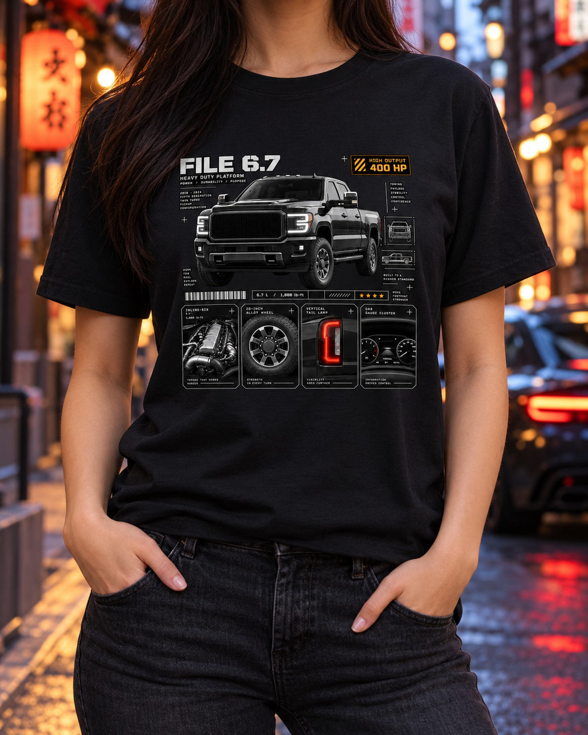 Ram HD 2500 5th Gen 2019-24 Dossier Panel Shirt, 6.7 High Output T-Shirt Black worn hero