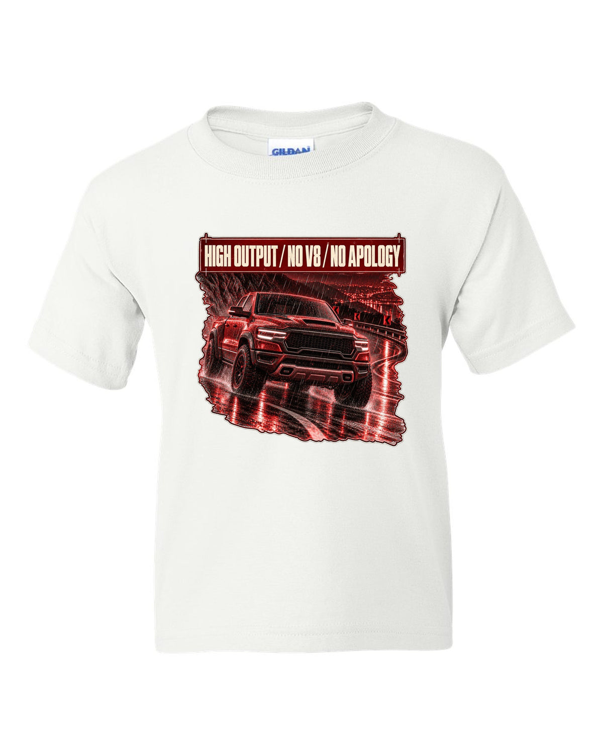 Ram 1500 RHO 2025 night street poster print white kids tee front view with the design