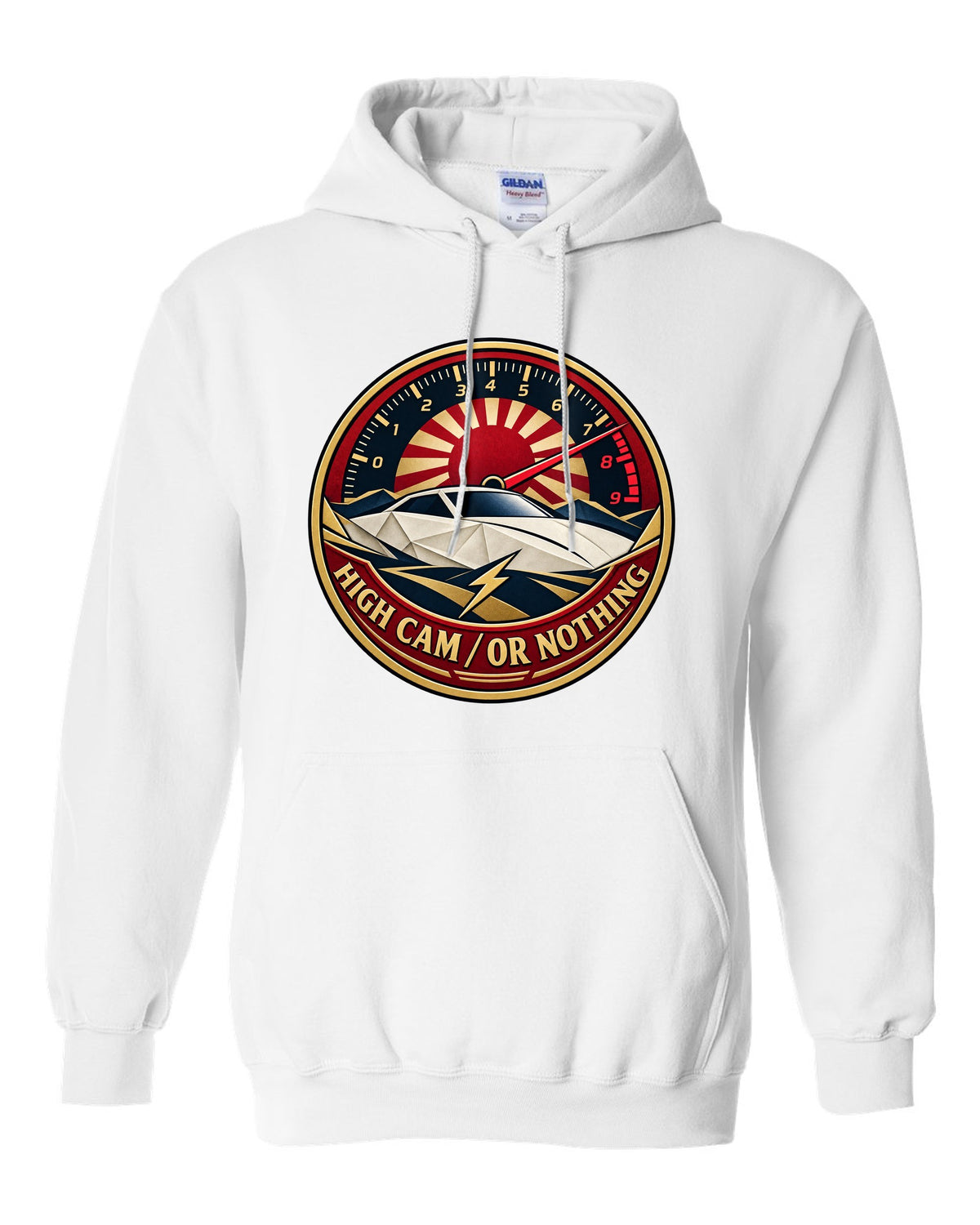 Origami-style crest of a Toyota Celica ZZT231 with the words High Cam or Nothing white pull over hoodie front view with the design