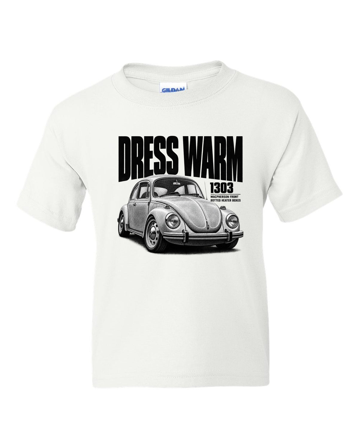 Halftone print of a VW Beetle Type 1 1303 front three-quarter with dress warm text white kids tee front view with the design