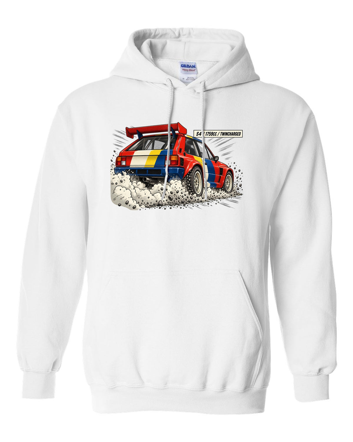 Retro manga halftone panel of the rear of a Lancia Delta S4 with twincharged lettering white pull over hoodie front view with the design