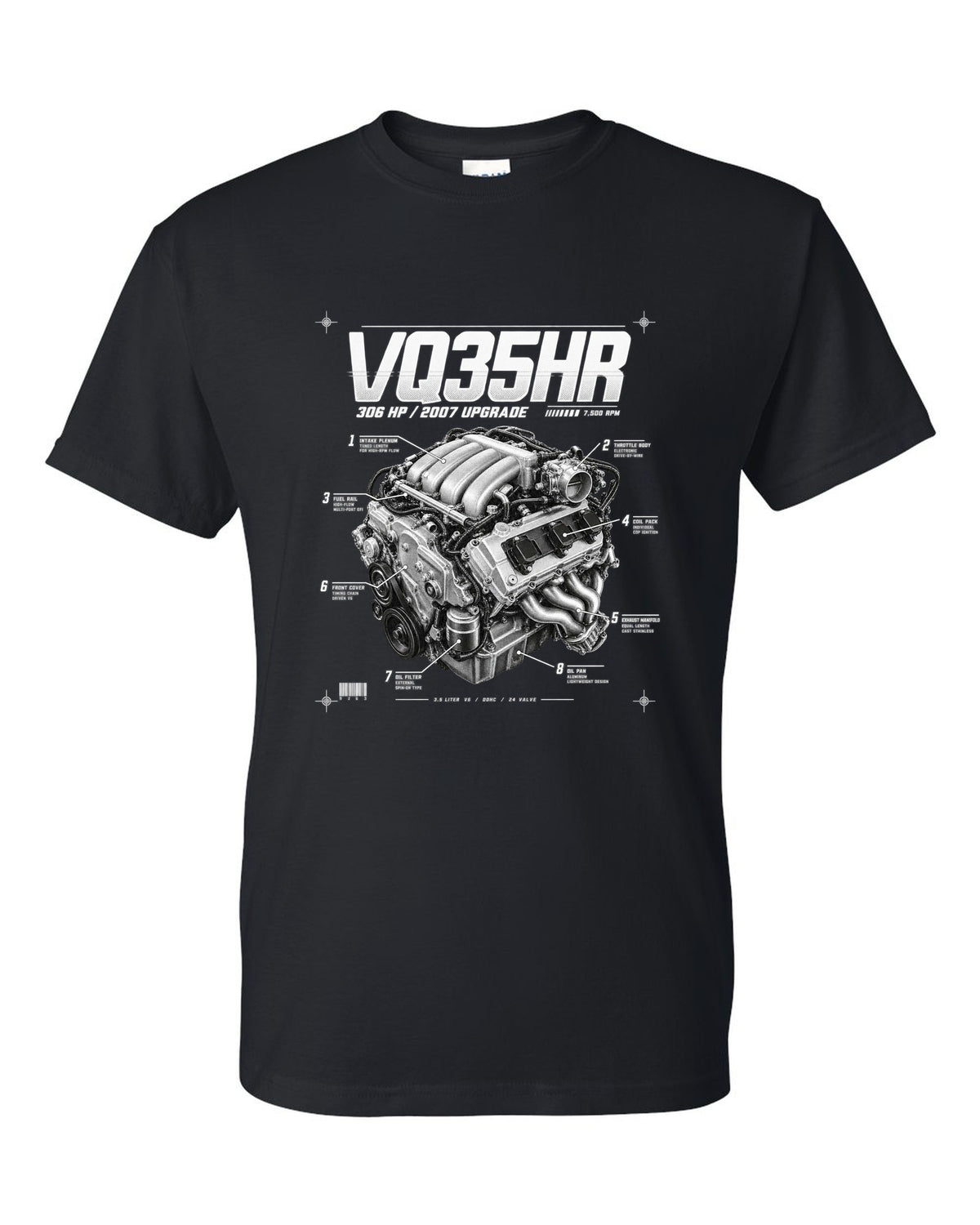 print of a Nissan 350Z Z33 VQ35HR engine plate with 306 HP and 7,500 RPM black t-shirt front view with the design