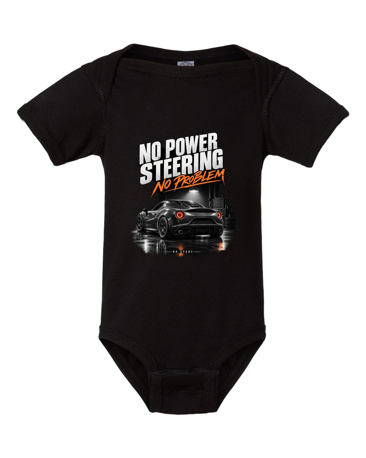 Garage night print of an Alfa Romeo 4C with no power steering no spare text black baby onesie front view with the design