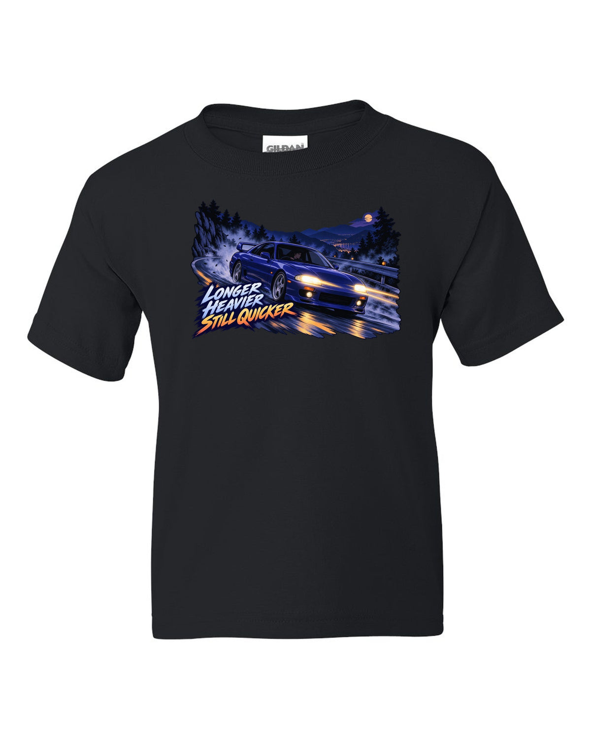 Cel-shaded 90s anime night touge print of a Nissan Skyline GT-R BCNR33 with longer heavier still quicker lettering black kids tee front view with the design