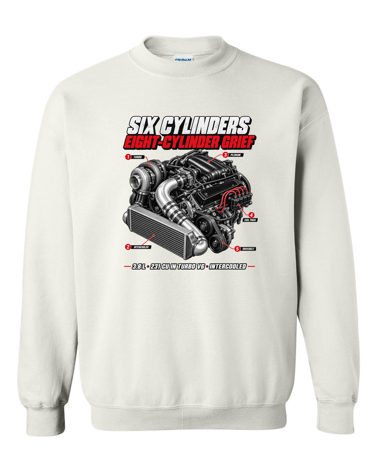 1987 Buick Grand National 3.8 turbo V6 engine callout print white crewneck front view with the design