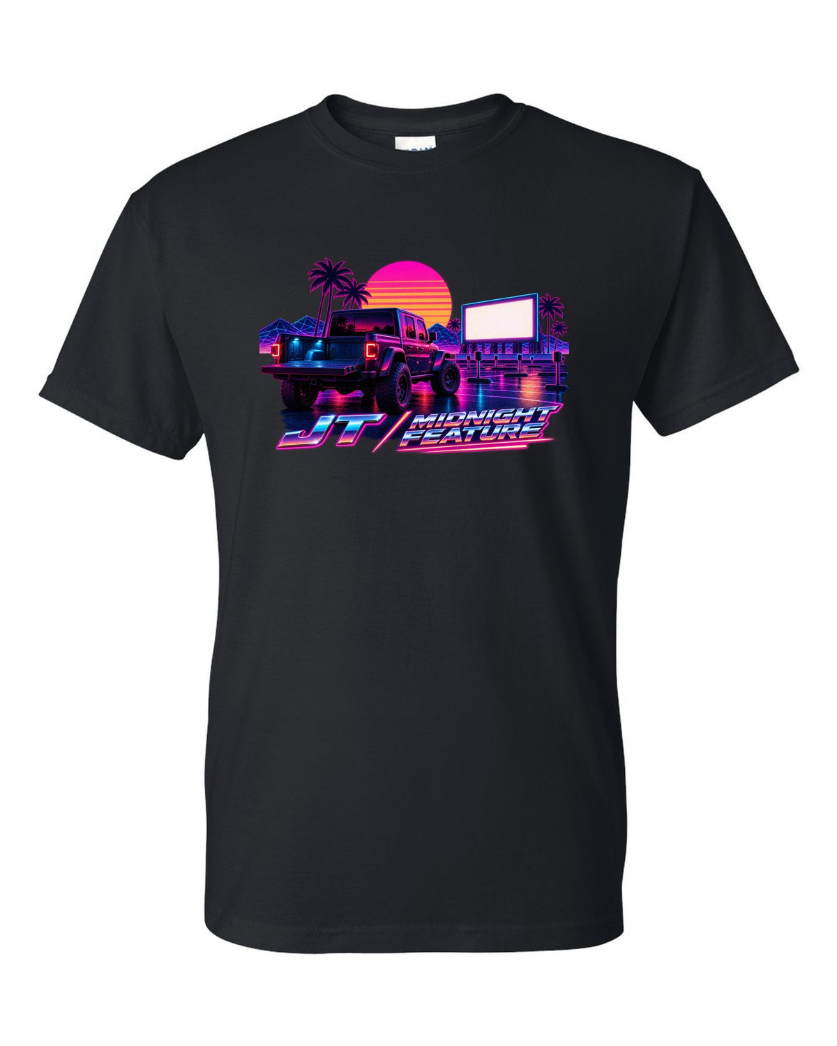 Jeep Gladiator JT synthwave outrun neon grid horizon with JT midnight feature text black t-shirt front view with the design