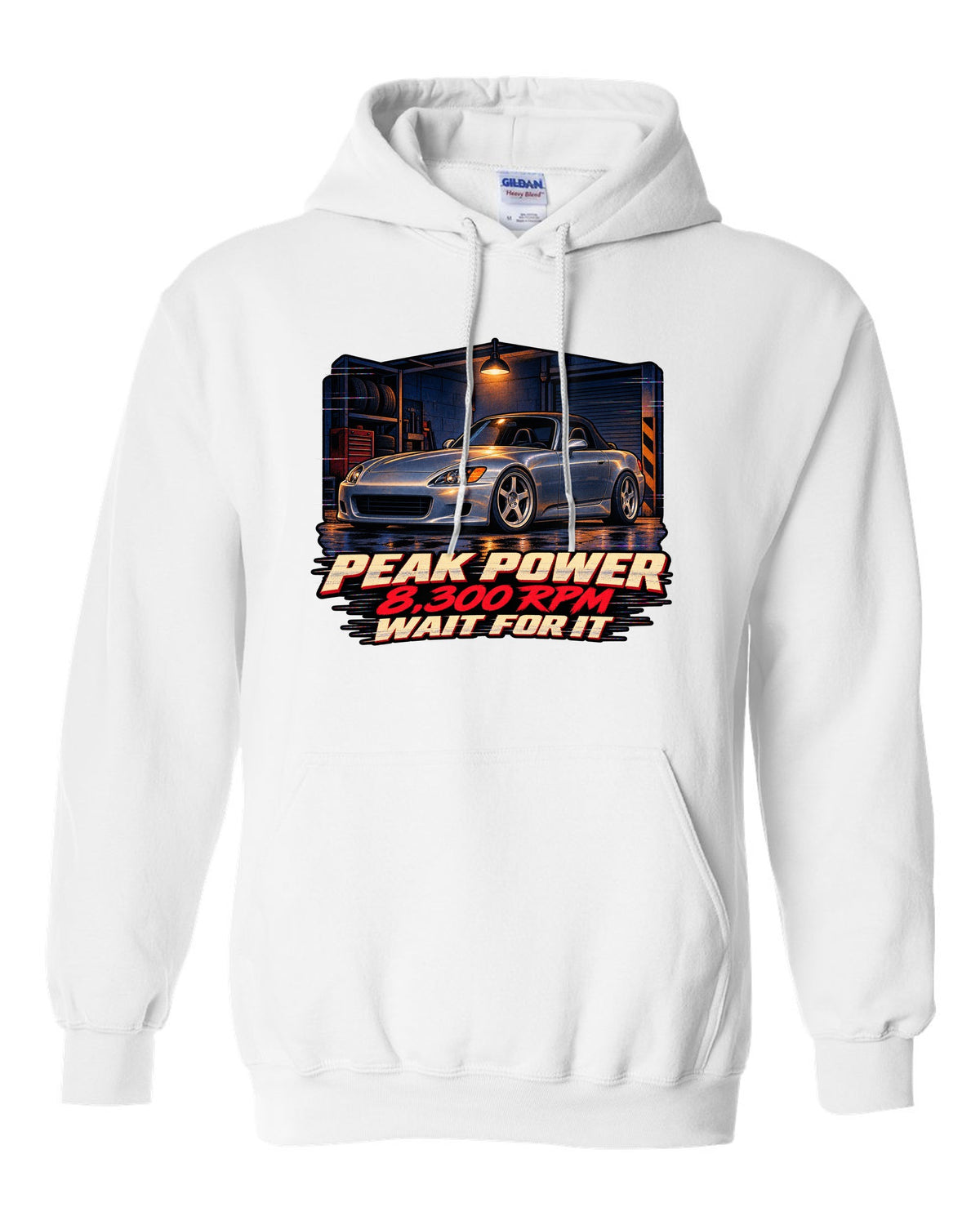 Lo-fi VHS cover style print of a Honda S2000 AP1 with 8,300 RPM wait for it text white pull over hoodie front view with the design
