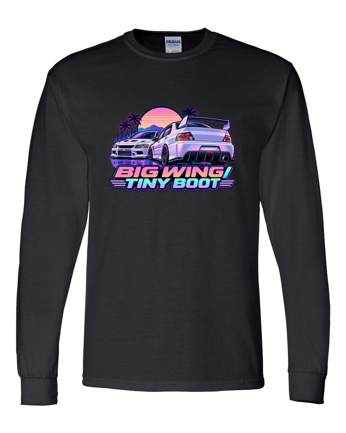 Vaporwave pastel print of the Mitsubishi Evo IX CT9A with big wing tiny boot text black long sleeve front view with the design