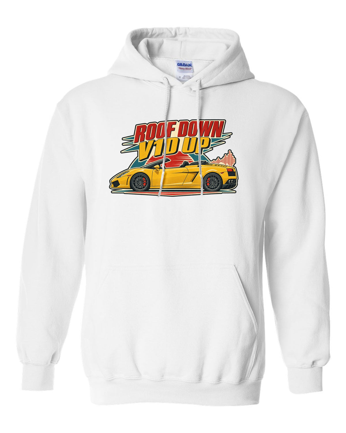 Vintage 1960s lithograph poster of a Lamborghini Gallardo Spyder LP560-4 with the text ROOF DOWN / V10 UP white pull over hoodie front view with the design