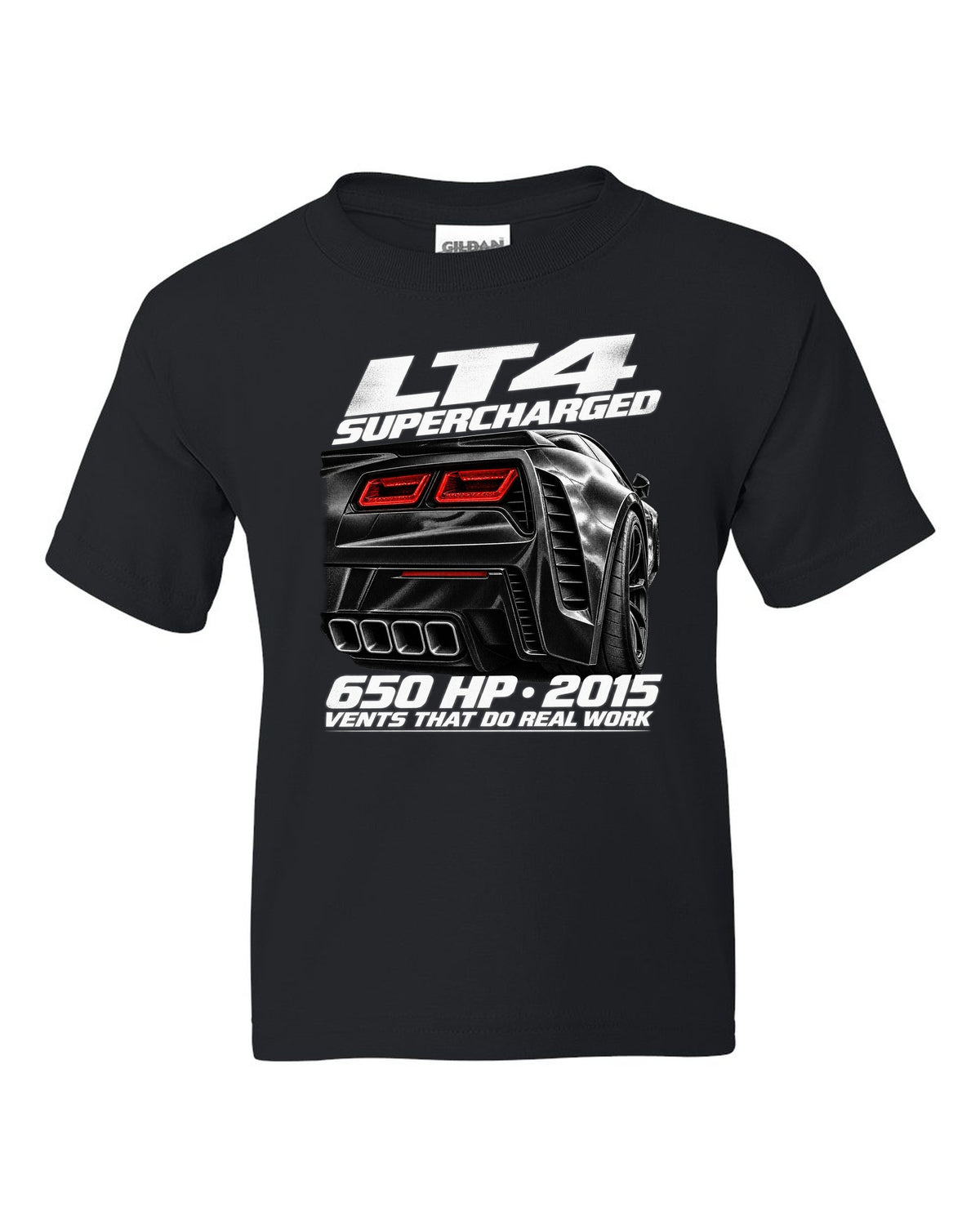 Corvette C7 Z06 rear vents close-up with LT4 650 HP text black kids tee front view with the design