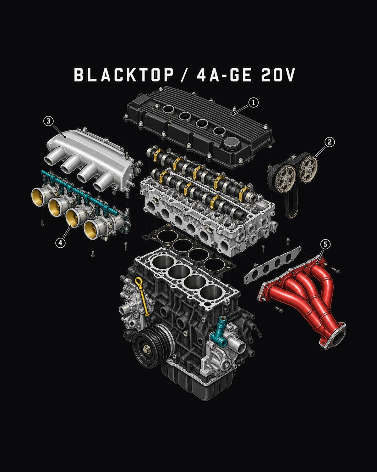 Toyota Corolla AE111 Blacktop 4A-GE 20V Exploded Diagram Shirt design only