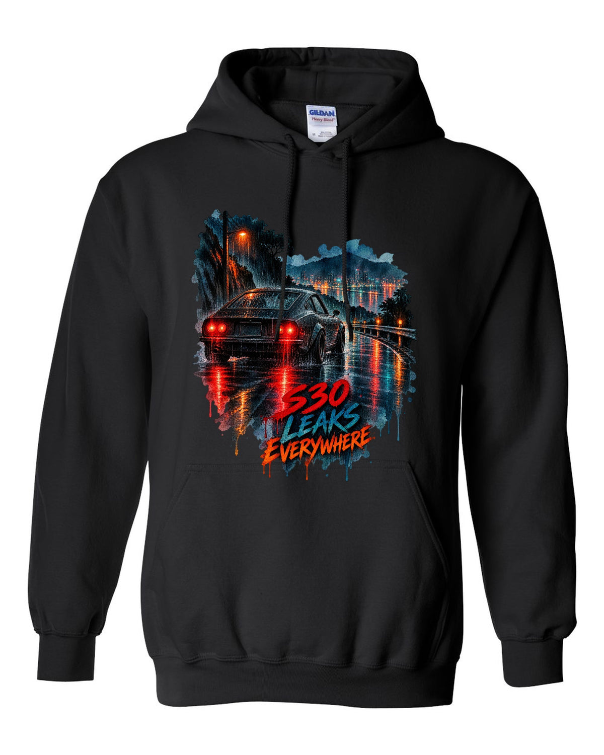 Watercolour wet-road night print of a Nissan Fairlady Z S30 with leaks everywhere lettering black pull over hoodie front view with the design
