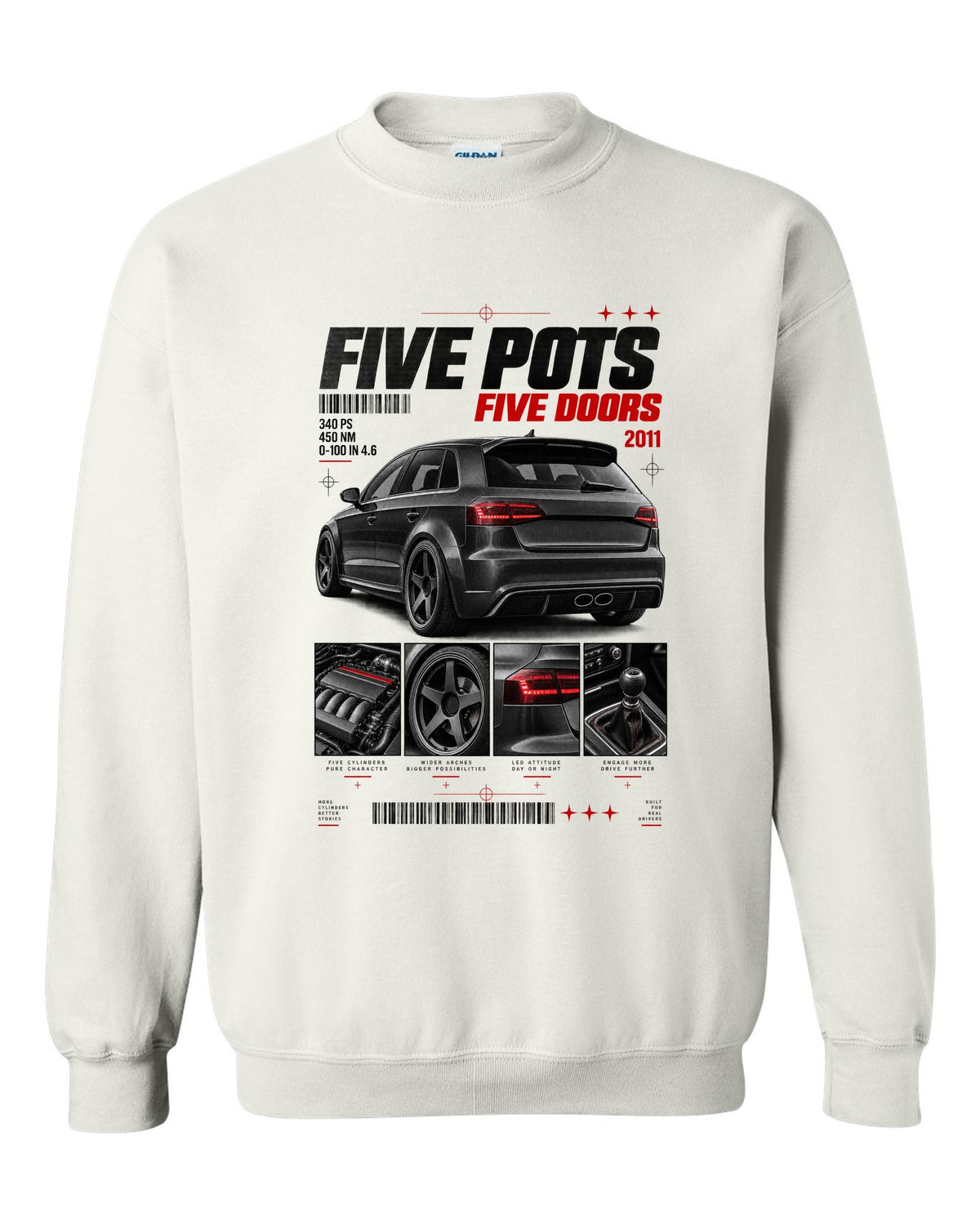 Audi RS3 Sportback 8P rear three-quarter in dossier panels with five pots text white crewneck front view with the design