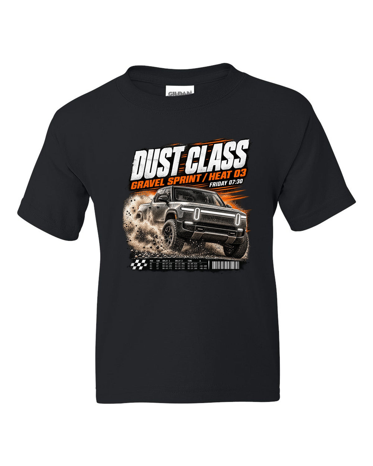 Rivian R1T Gen 2 2025 race poster reading Dust Class, gravel sprint, heat 03 black kids tee front view with the design