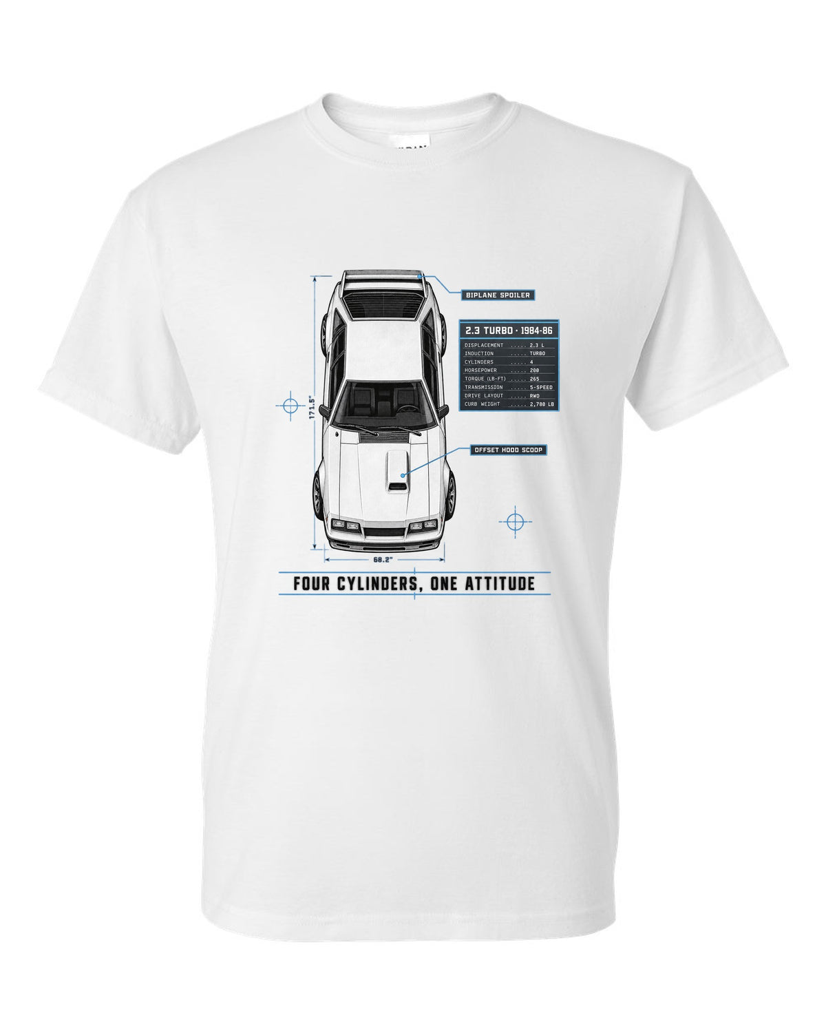 Spec poster print of a 1984-86 Fox Body Mustang 2.3 turbo chback white t-shirt front view with the design
