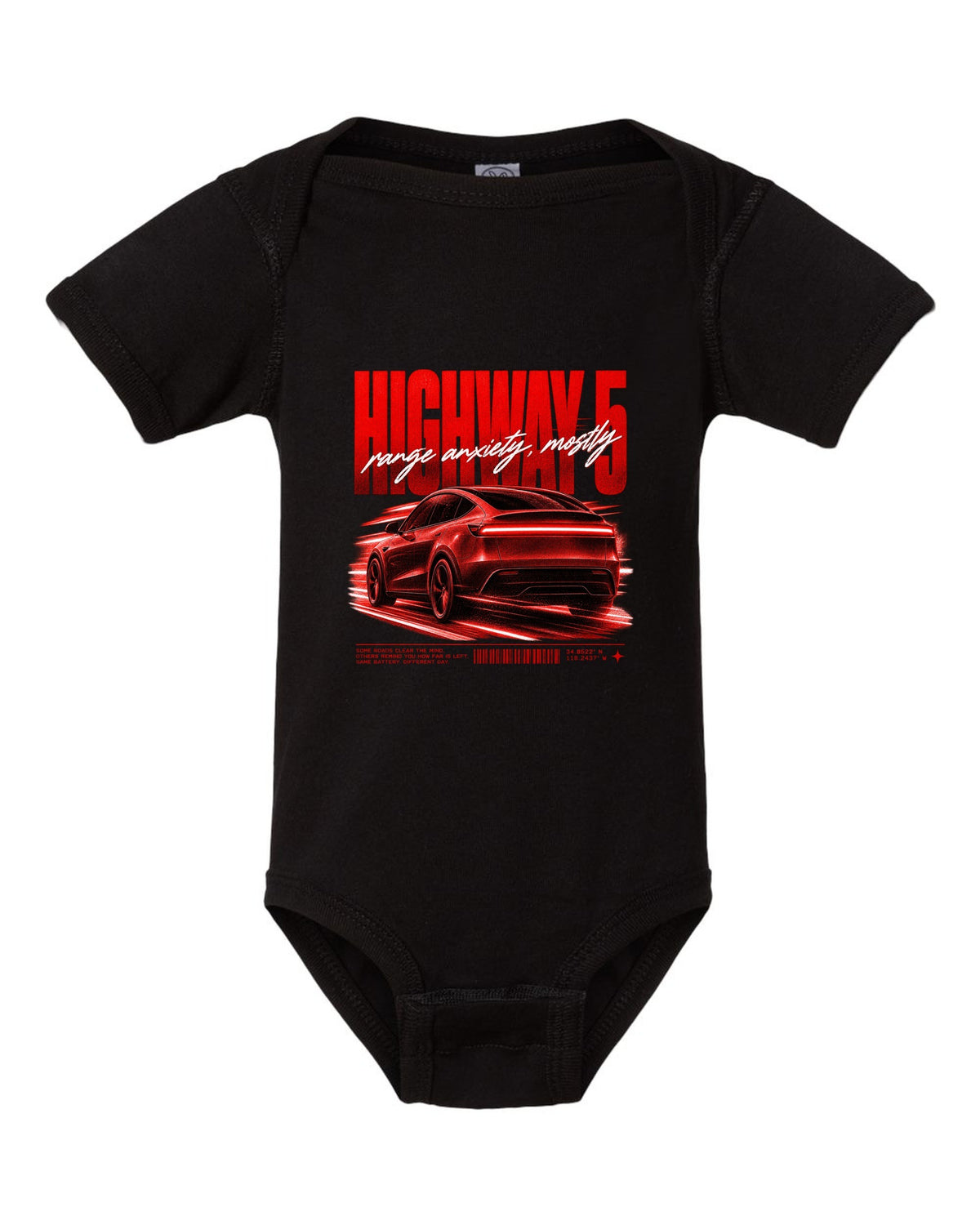 Tesla Model Y Juniper rear three-quarter in motion street poster reading Highway 5 black baby onesie front view with the design
