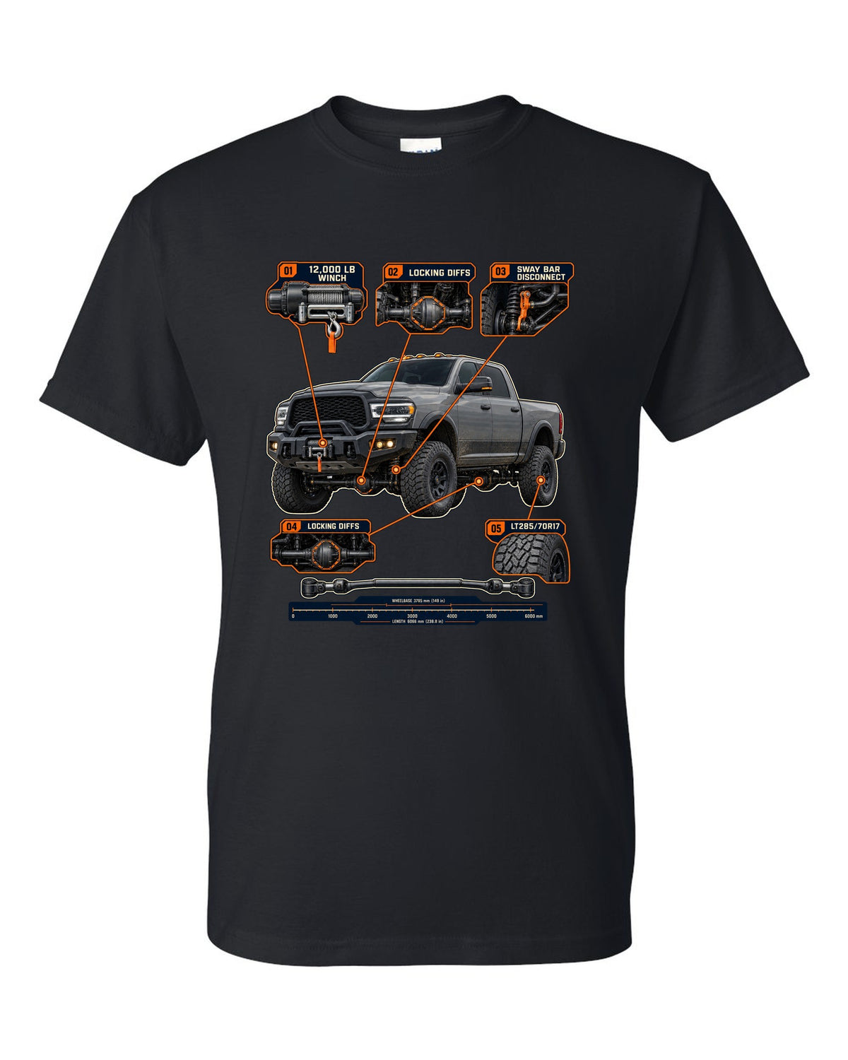 Ram 2500 Power Wagon callouts for winch, locking diffs and sway bar disconnect print black t-shirt front view with the design