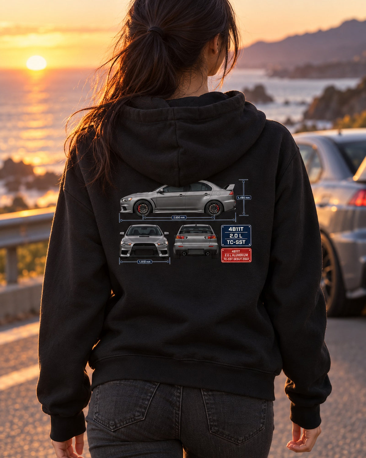 Evo X GSR Three-View Spec Table Tee, Mitsubishi Lancer Zip Hoodie Black worn hero
