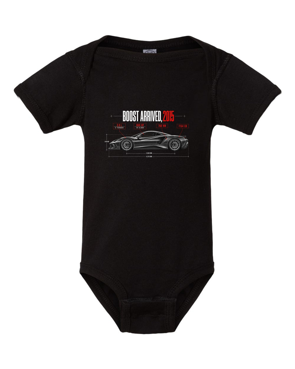 Spec poster print of a Ferrari 488 GTB F154 CB with Boost Arrived 2015, 3.9 L, 660 hp, 760 Nm black baby onesie front view with the design