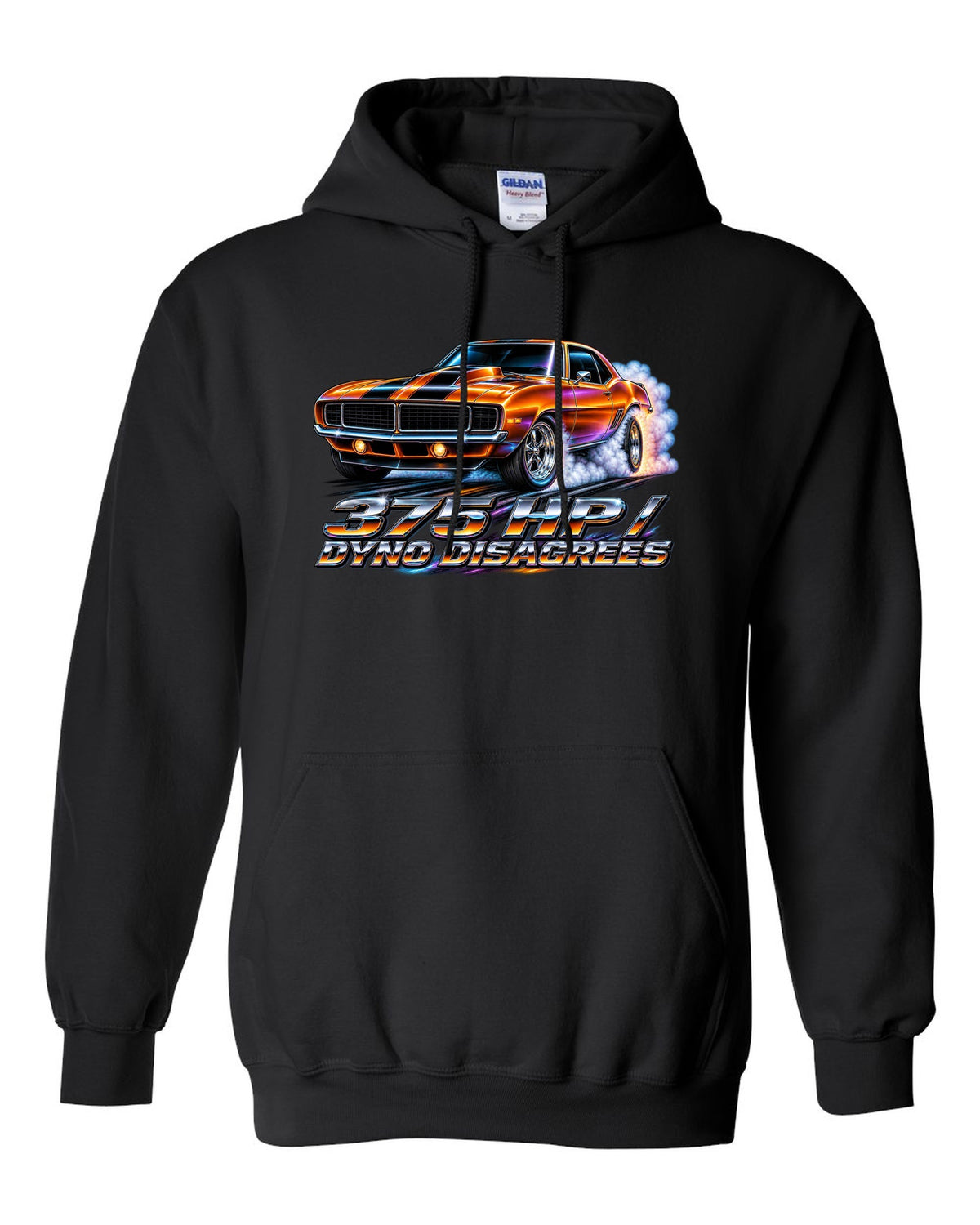 1969 Camaro SS 396 doing a burnout in 80s airbrush chrome style with text 375 HP Dyno Disagrees black pull over hoodie front view with the design