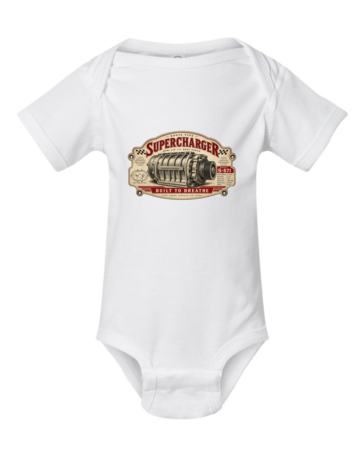 Spec-sheet data plate art of a 2023 Ford F-150 Raptor R P702 with 5.2 SUPERCHARGED 720 HP notes white baby onesie front view with the design