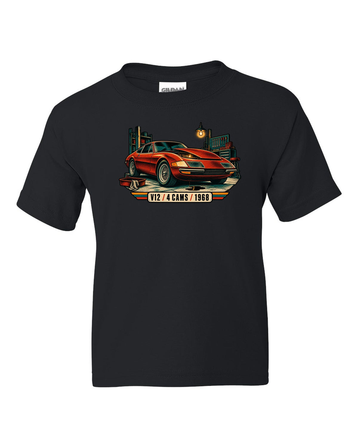 Risograph spot colour print of a Ferrari 365 GTB/4 Daytona in a garage with V12 4 Cams 1968 lettering black kids tee front view with the design