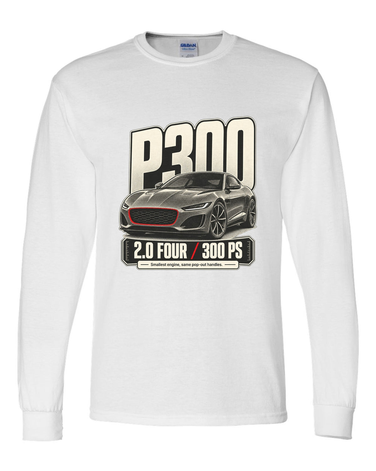 Halftone statement print for the Jaguar F-Type P300 2.0 four-cylinder with 300 PS text white long sleeve front view with the design