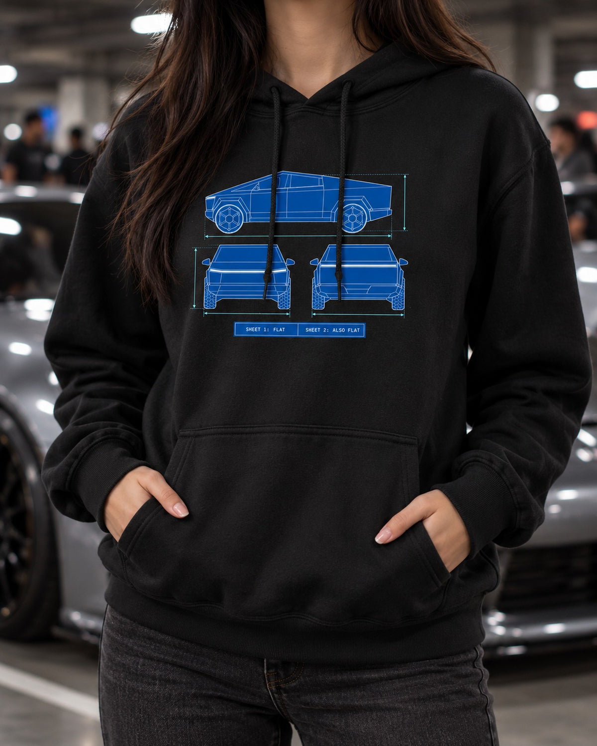 Tesla Cybertruck Flat Panel Blueprint Shirt, EV Truck Gift Pull Over Hoodie Black worn hero
