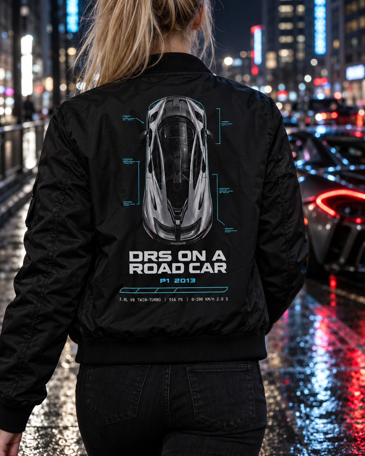 McLaren P1 2013 DRS On A Road Car Spec Poster Tee Bomber Jacket Black worn hero
