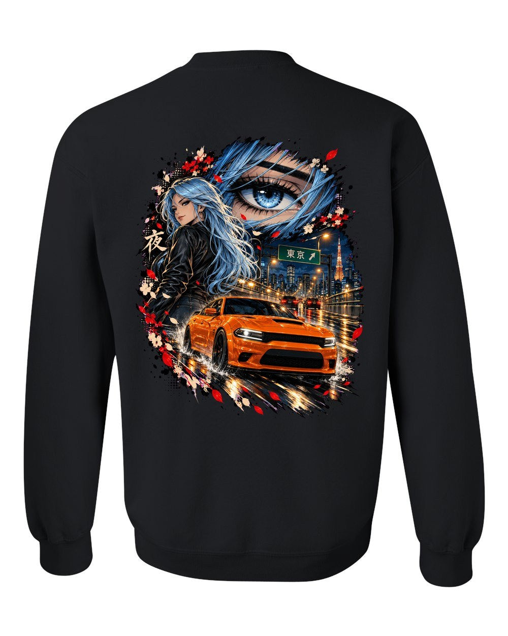 Dodge Charger Hellcat Anime Girl Crewneck Black back