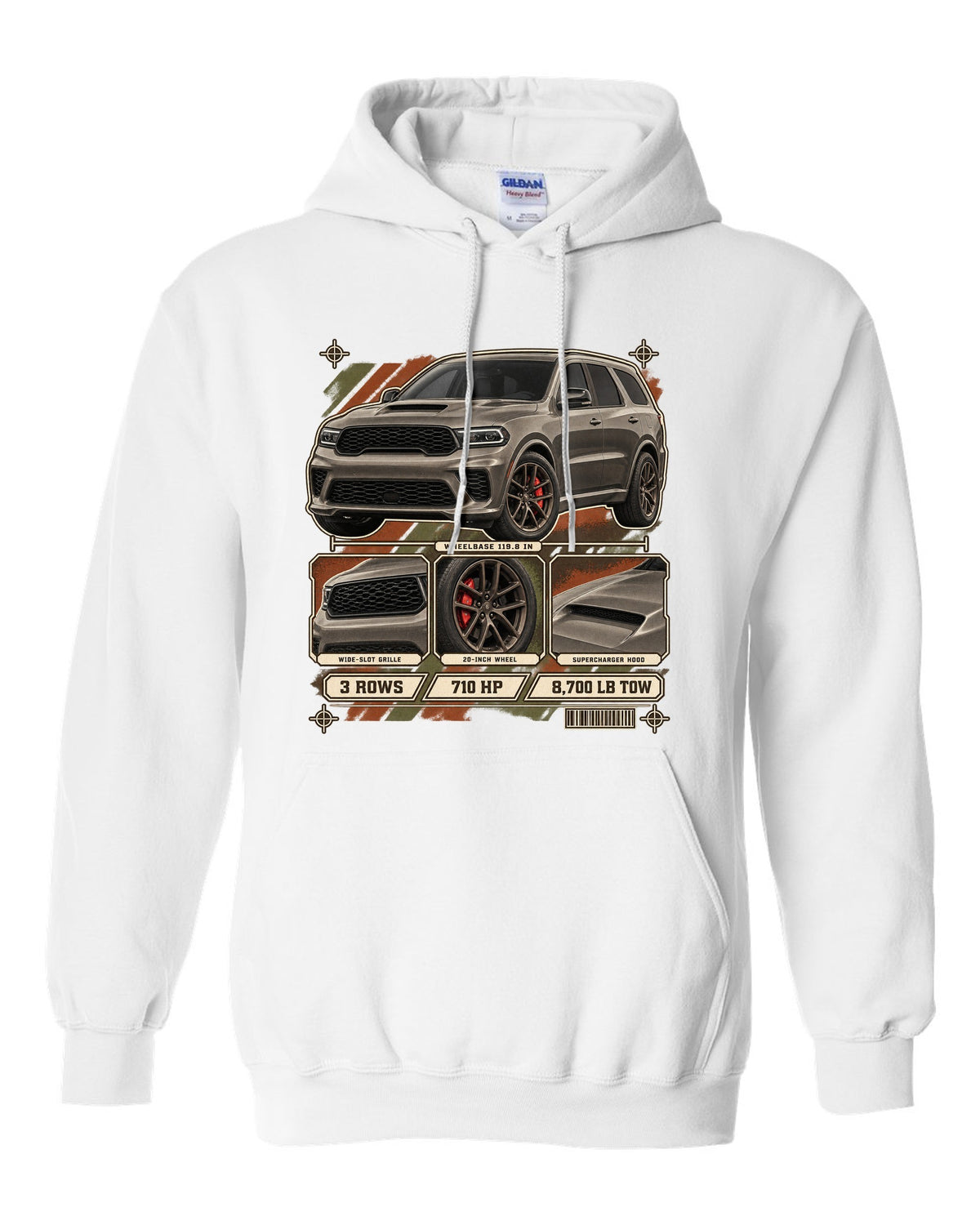 print of a 2021 Dodge Durango SRT Hellcat with spec dossier panels white pull over hoodie front view with the design
