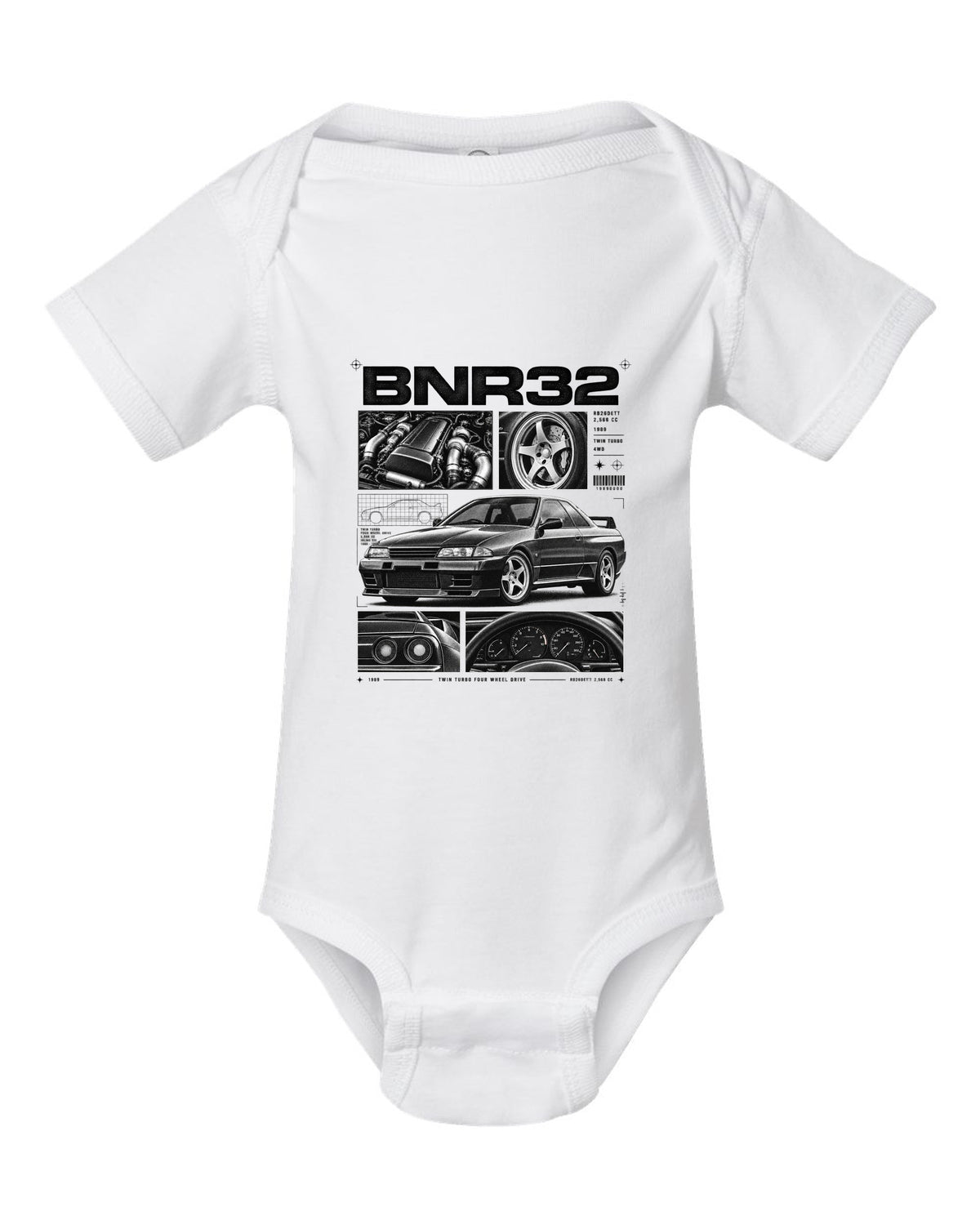 Dossier panel print of a Nissan Skyline GT-R R32 BNR32 with RB26DETT specs white baby onesie front view with the design