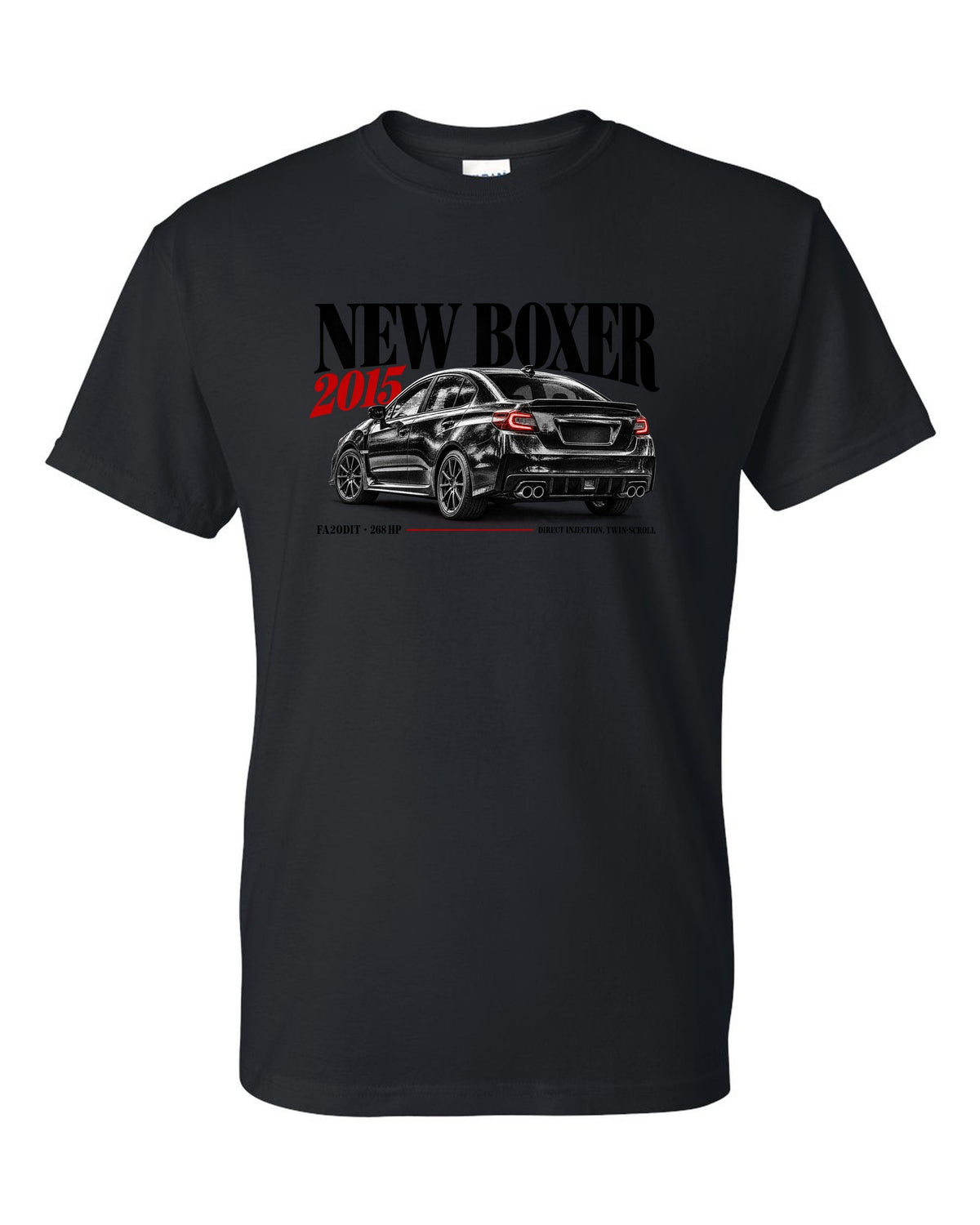 Editorial headline print for the Subaru WRX VA saloon reading New Boxer, 2015, FA20DIT, 268 HP black t-shirt front view with the design