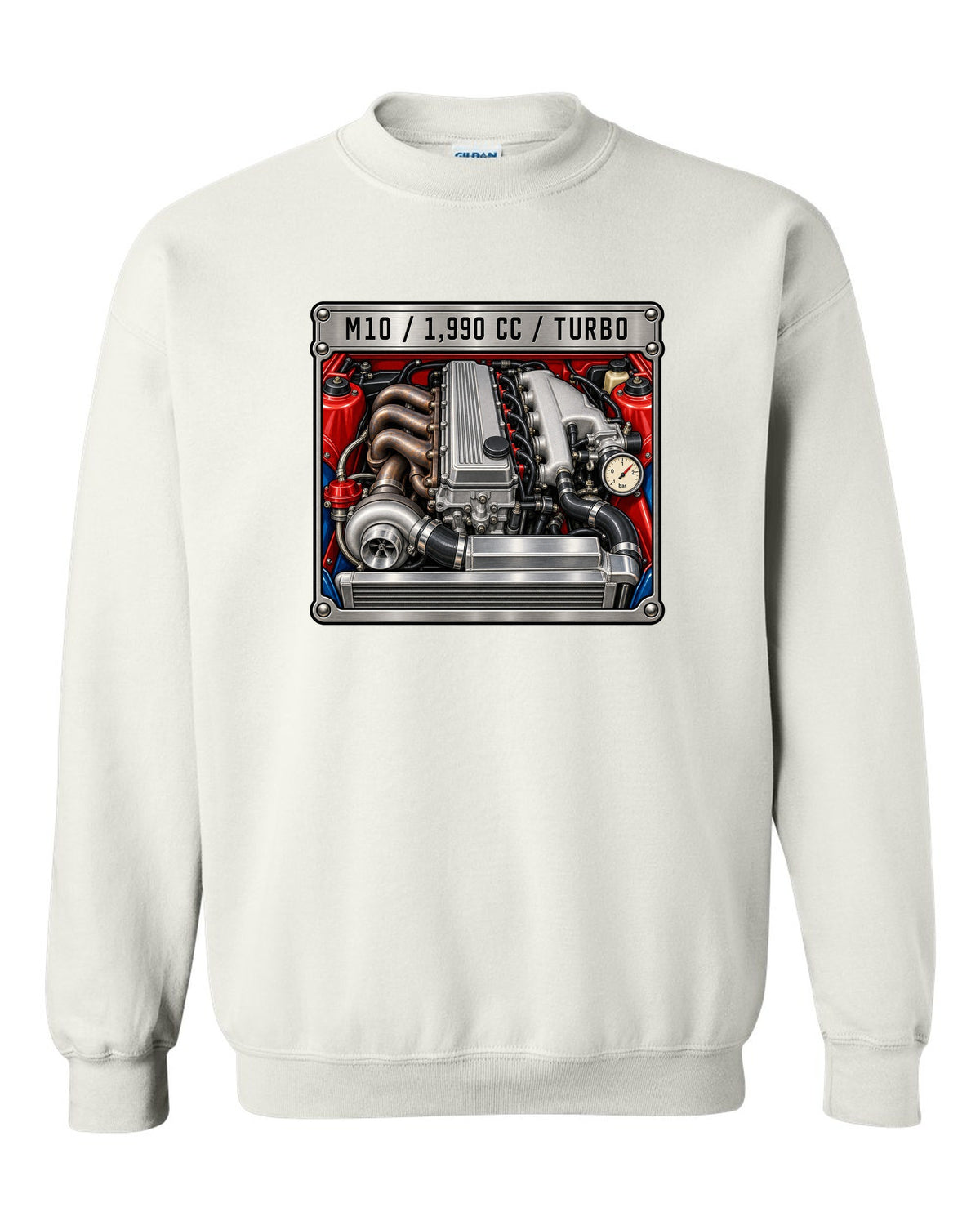 BMW 2002 turbo M10 engine spec data plate print with 1,990 cc text white crewneck front view with the design