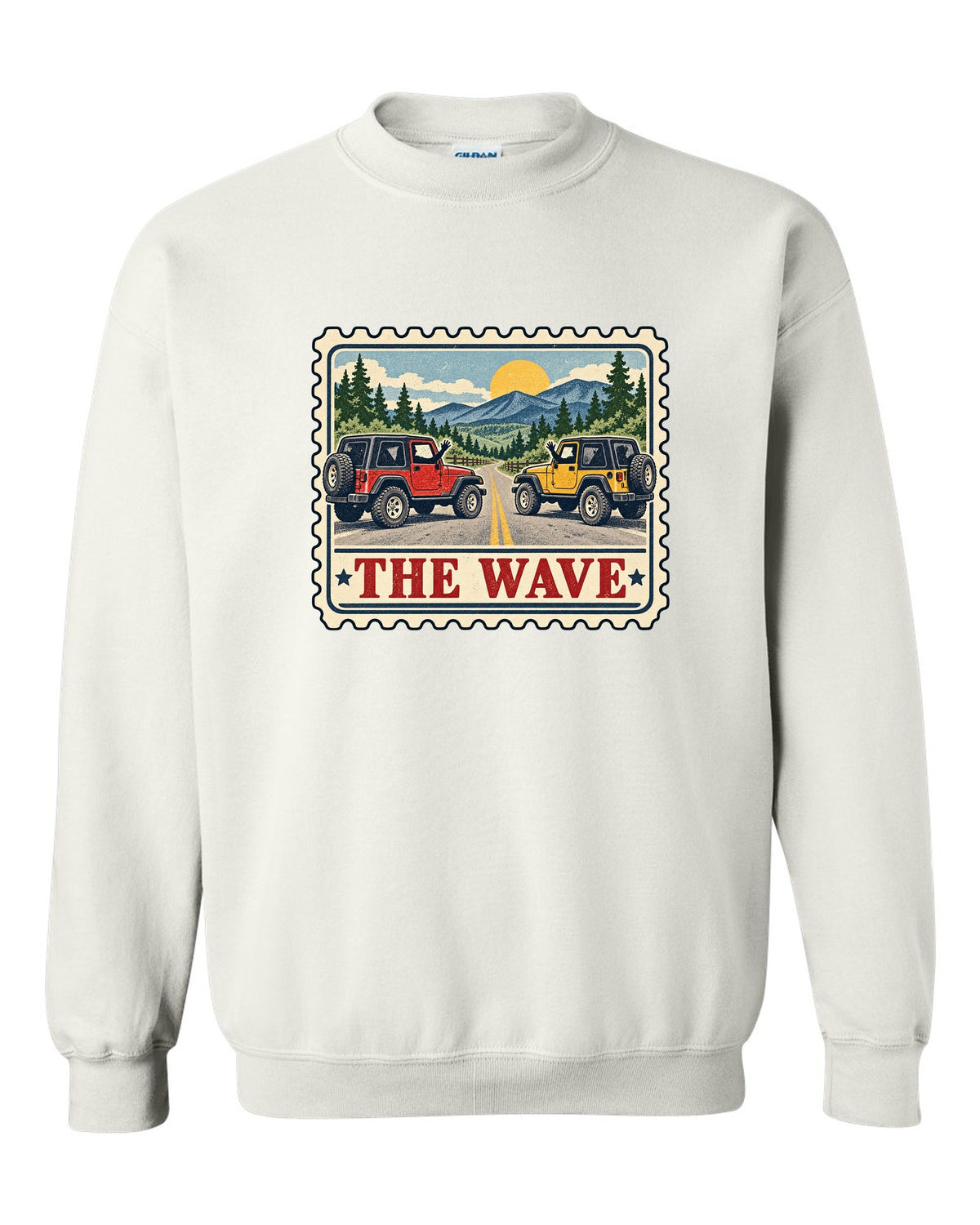 Vintage postage stamp print of a Jeep Wrangler TJ with the words The Wave white crewneck front view with the design