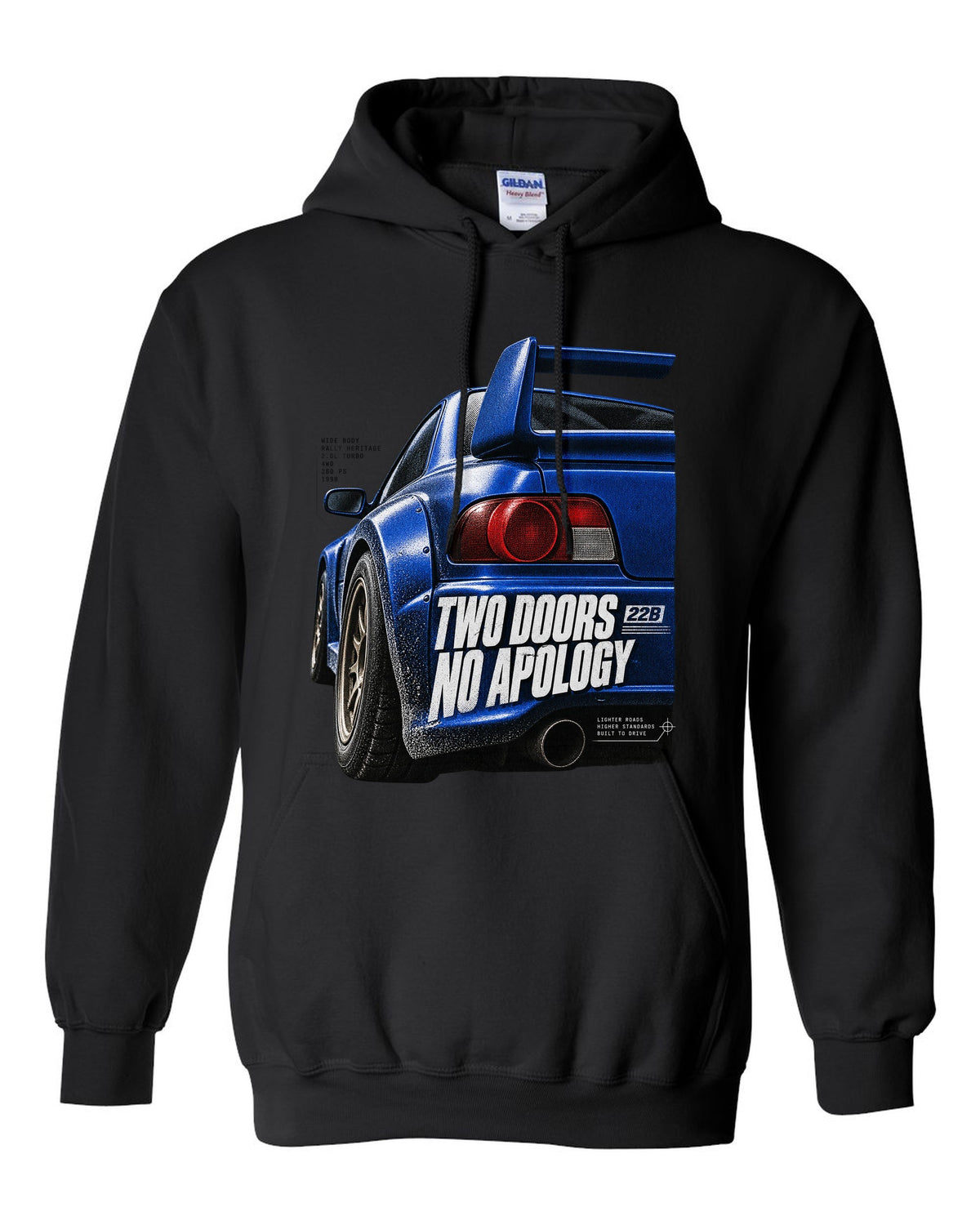 Macro detail of the Subaru Impreza 22B STI rear wing with two doors no apology text black pull over hoodie front view with the design