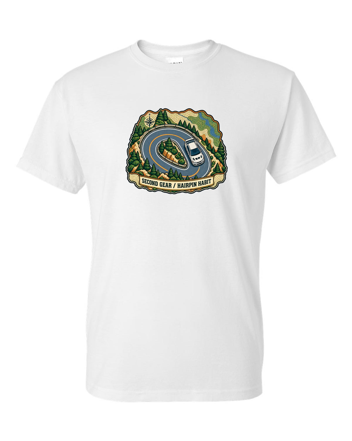 Topographic route map print for the Mitsubishi Evo VII CT9A with second gear hairpin habit text white t-shirt front view with the design