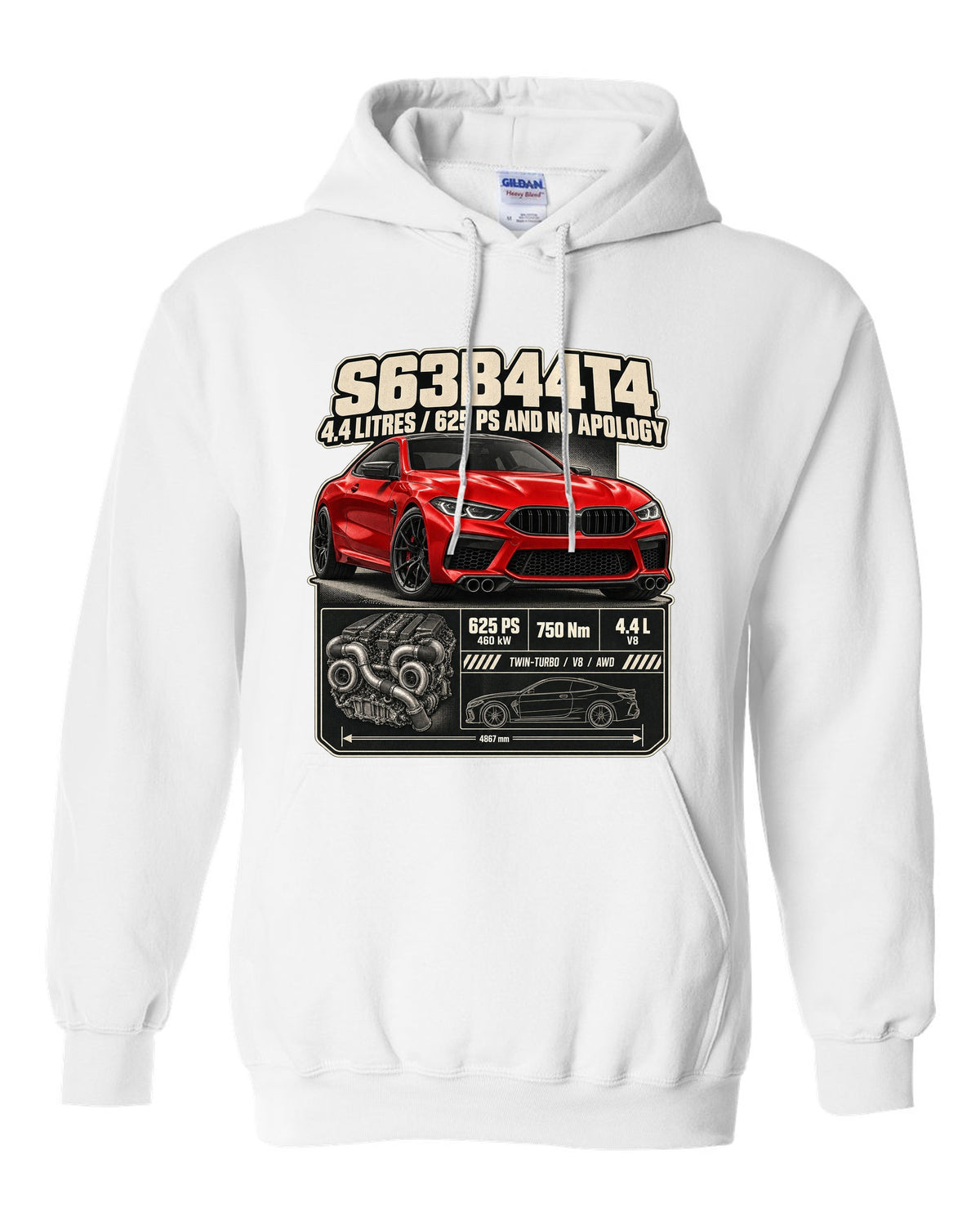 BMW M8 Competition Coupe F92 spec poster print on a tee white pull over hoodie front view with the design