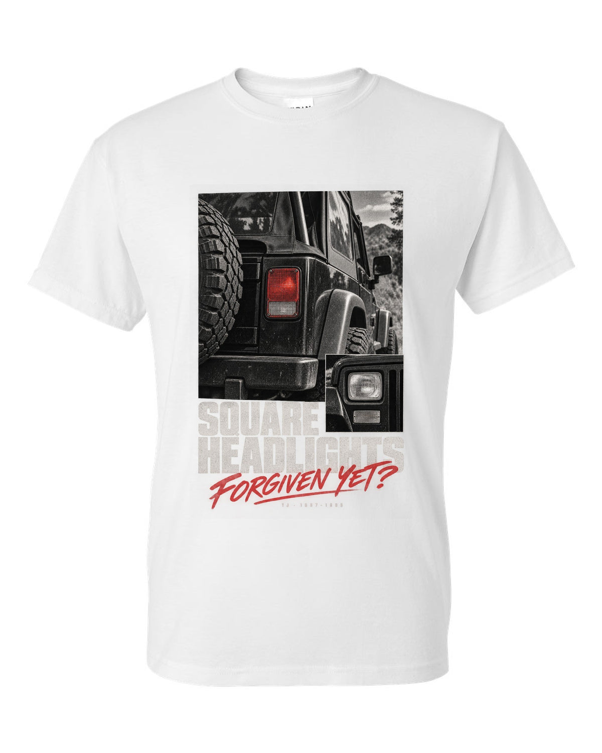 Detail macro print for the Jeep Wrangler YJ square headlights, 1987-1995 white t-shirt front view with the design