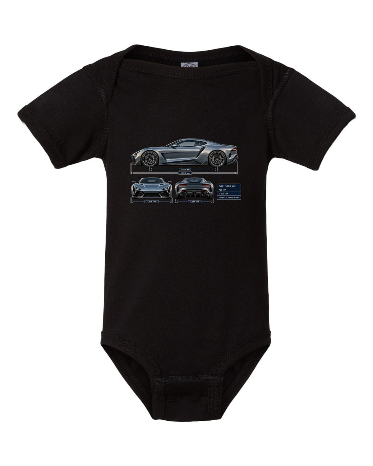 Three-view and spec table print of the Pagani Huayra coupe with 730 hp, 1,000 Nm, seven-speed sequential black baby onesie front view with the design