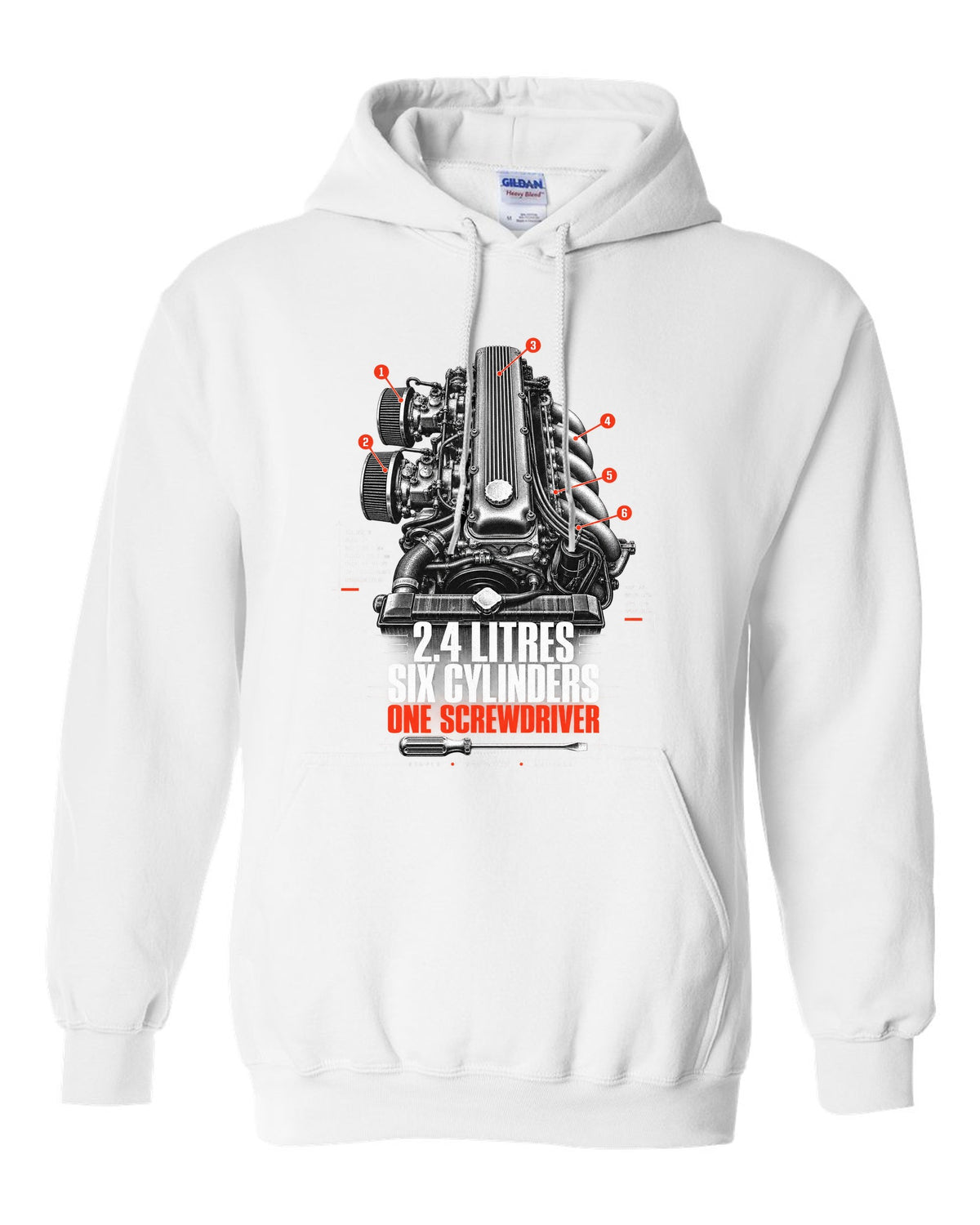 print of a Datsun 240Z L24 engine bay with six cylinders and screwdriver lettering white pull over hoodie front view with the design