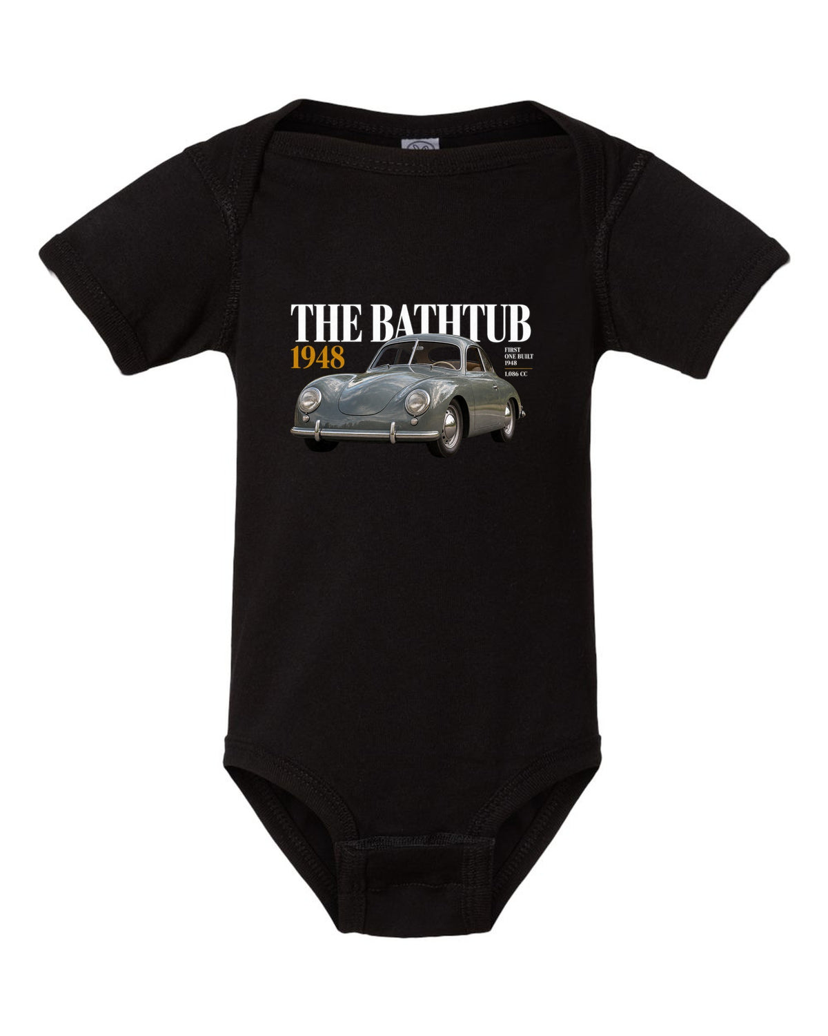 Editorial headline print of the 1948 Porsche 356 Pre-A coupe nicknamed the Bathtub black baby onesie front view with the design