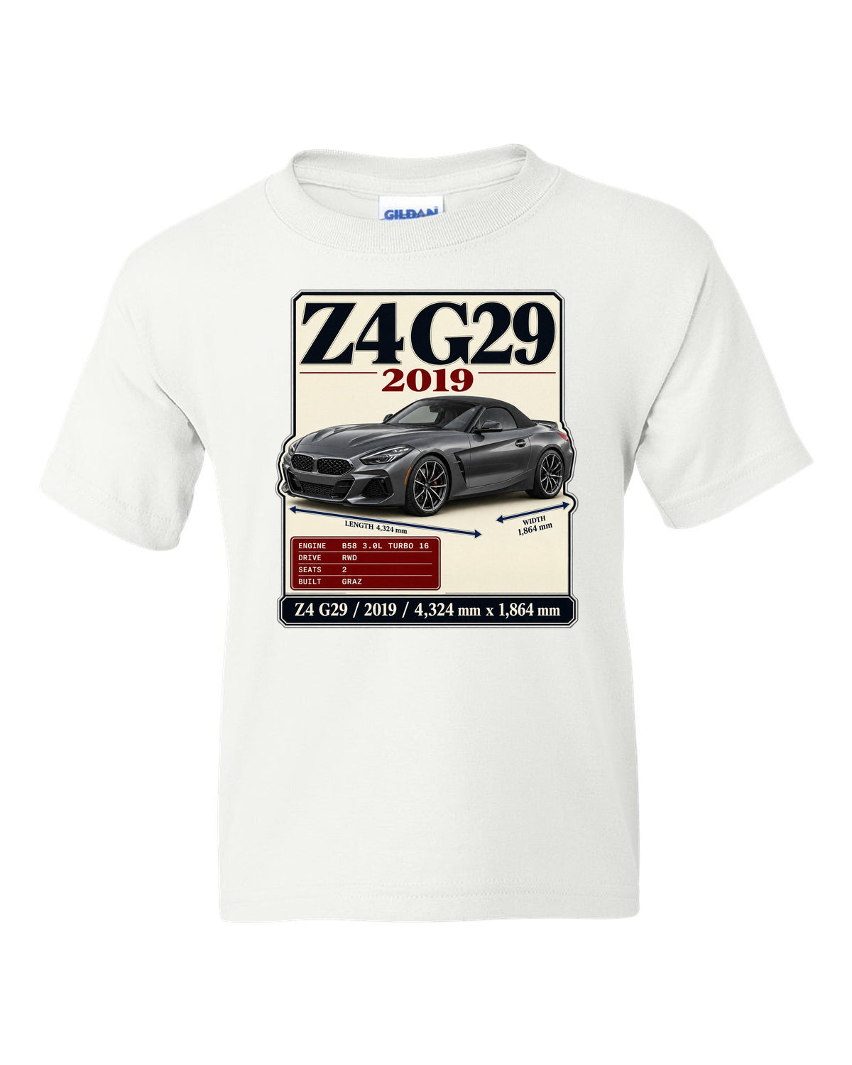 Archive plate print of the BMW Z4 G29 M40i First Edition with 2019 and dimensions white kids tee front view with the design