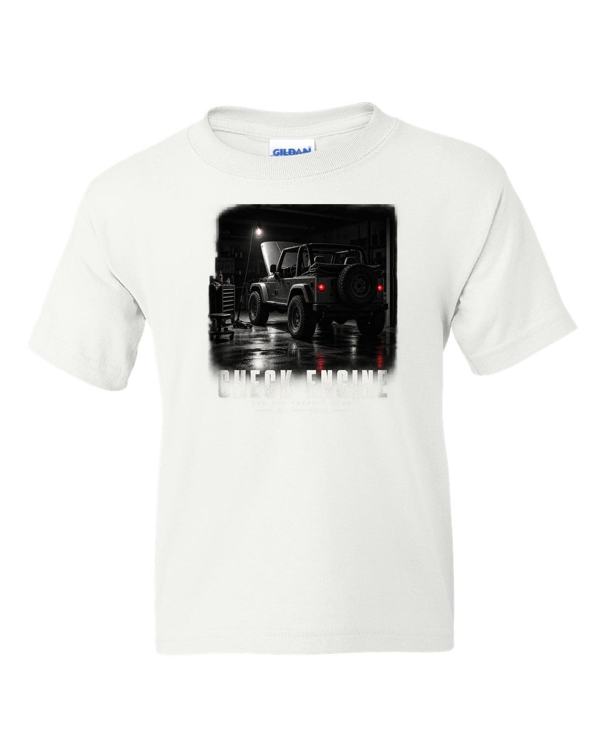 Garage night print for the Jeep Wrangler TJ, Check Engine The 4.0 Doesn't Care white kids tee front view with the design