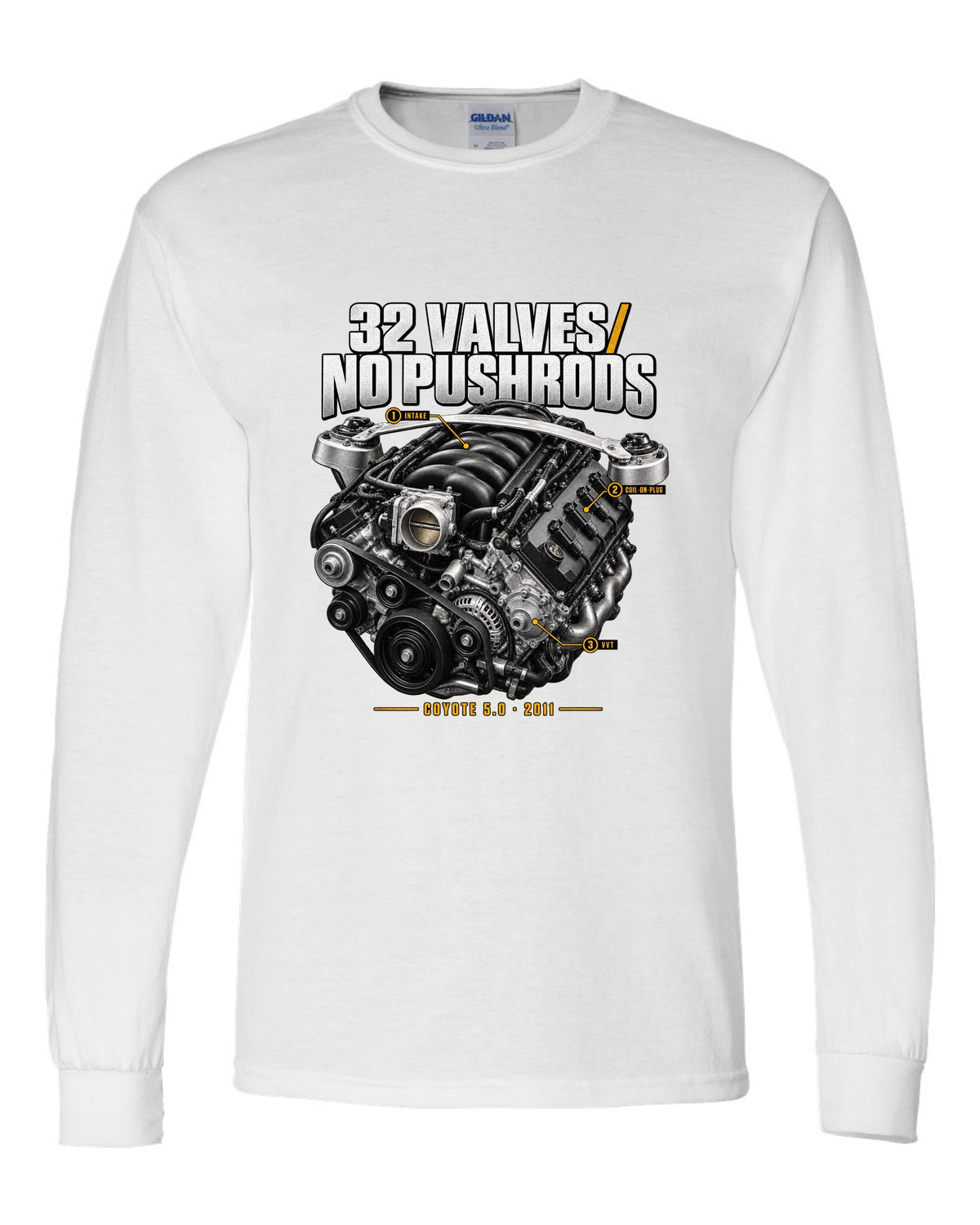 print of a Ford Mustang S197 GT 5.0 Coyote engine bay with callouts white long sleeve front view with the design