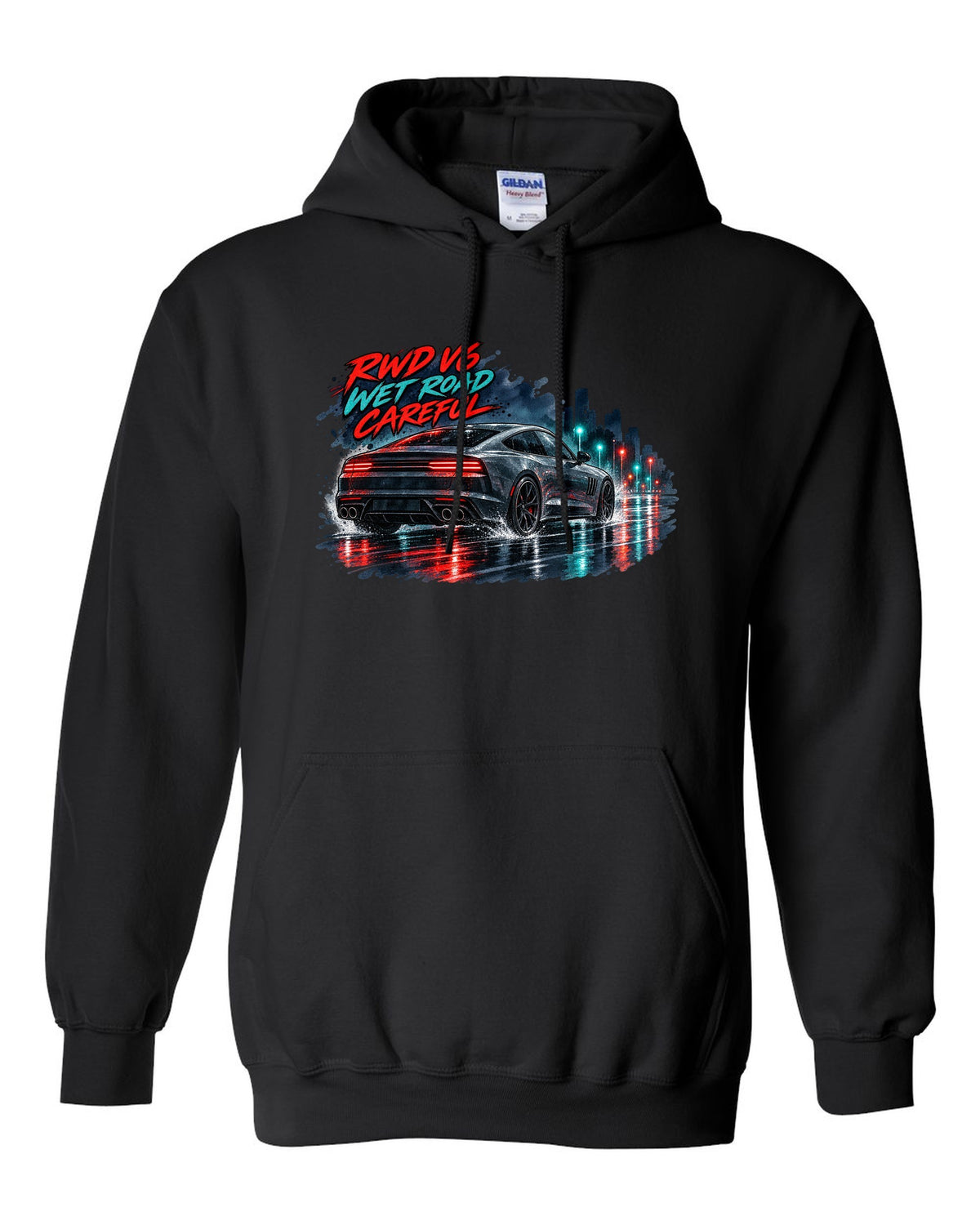 Watercolour wet-road night print of a Kia Stinger GT CK with RWD V6 wet road careful text black pull over hoodie front view with the design