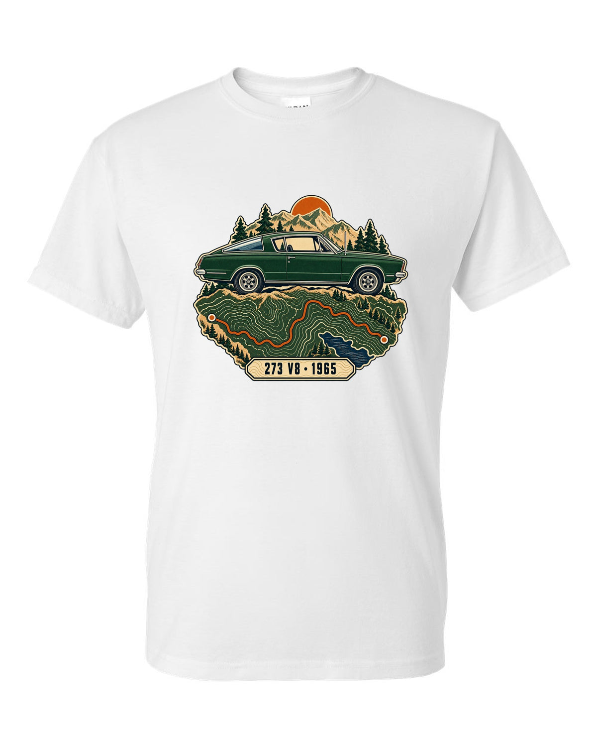 Topographic route map design with a 1965 Plymouth Barracuda fastback and 273 V8 lettering white t-shirt front view with the design